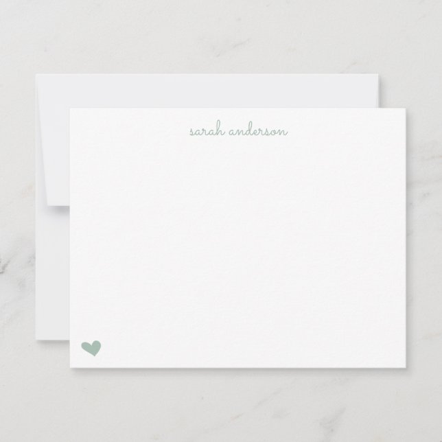 Sage Green Doodle Heart Personalized Stationery Card (Front)