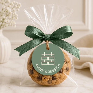 Sage Green Double Happiness Wedding Round Favour Tags