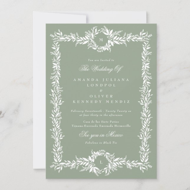 sage green double monogram botanical frame wedding invitation (Front)