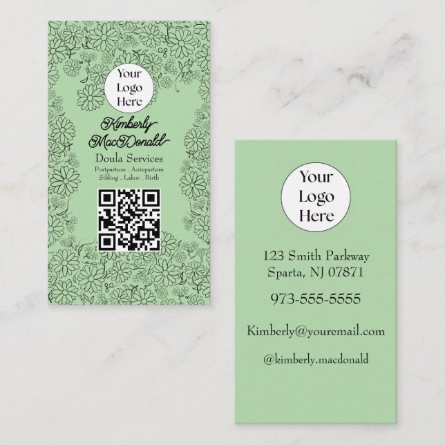 Sage Green doula services script logo QR code Business Card (Front/Back)