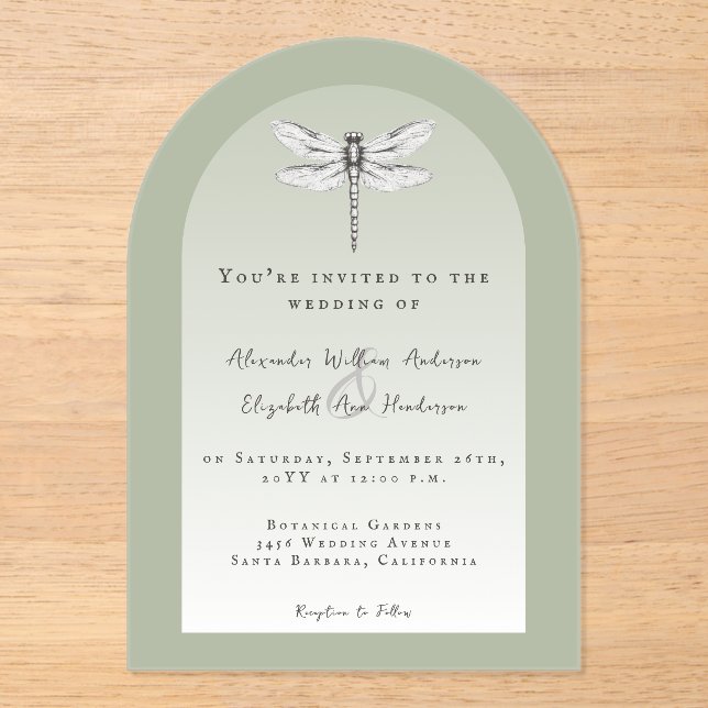 Sage Green Dragonfly Wedding Acrylic Invitations (Front)