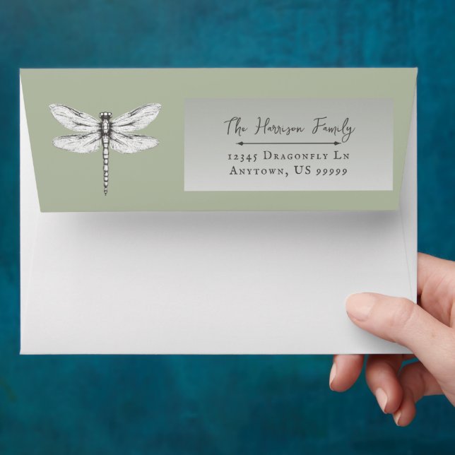 Sage Green Dragonfly Wedding Envelope (Hand)