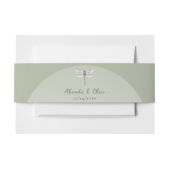 Sage Green Dragonfly Wedding Invitation Belly Band (Front Example)