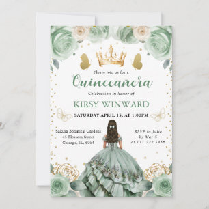 Sage Green Dress Brunette Princess Quinceanera Invitation
