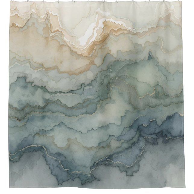 Sage Green Dusty Blue Beige Abstract Waves Shower Curtain (Front)