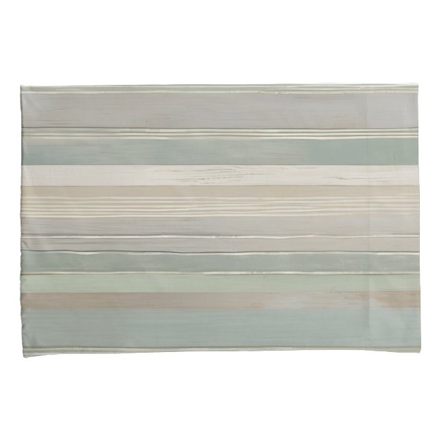 Sage Green Dusty Blue Taupe Grey Farmhouse Stripe Pillowcase (Front-Right)