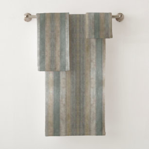 Sage Green Dusty Blue Taupe Grey Stripe farmhouse Bath Towel Set