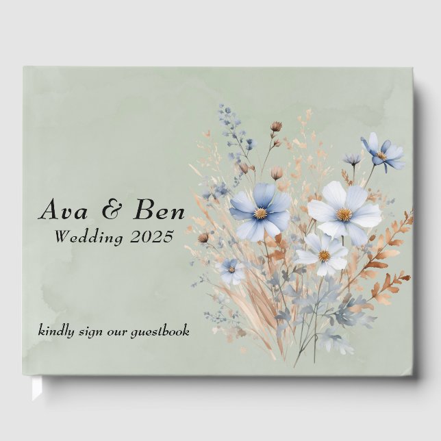 Sage Green Dusty Blue Wildflower Wedding Guest Book (Front)