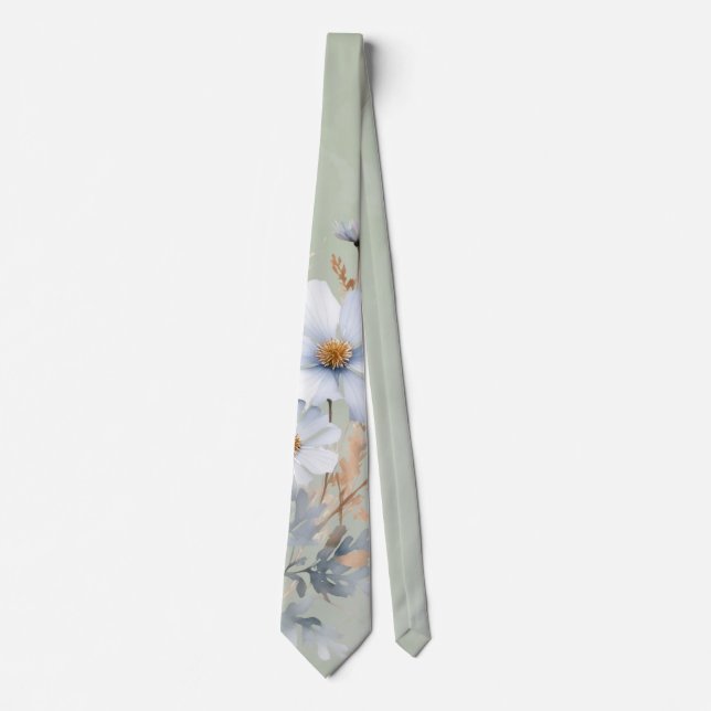 Sage Green Dusty Blue Wildflower Wedding  Tie (Front)