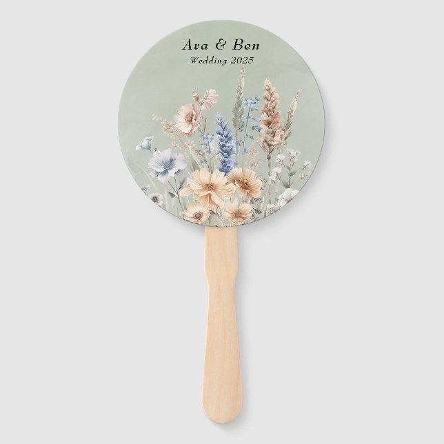 Sage Green Dusty Blue Wildflowers Wedding Hand Fan (Front)
