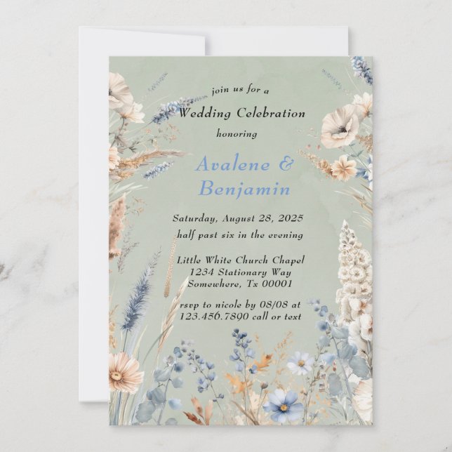 Sage Green & Dusty Blue Wildflowers Wedding Invitation (Front)