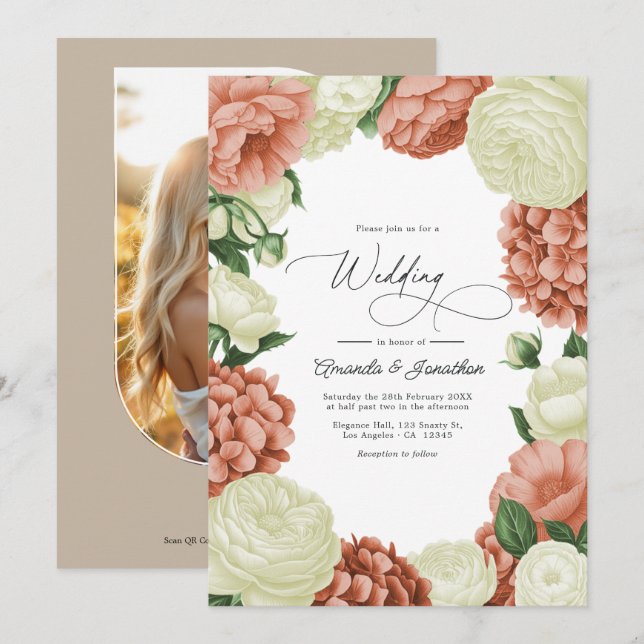 Sage Green, Dusty Peach & Ivory Floral Wedding Invitation (Front/Back)