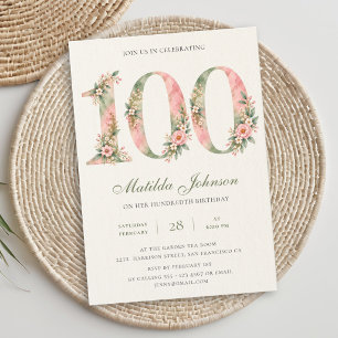 Sage Green Dusty Pink Floral 100th Birthday Invitation