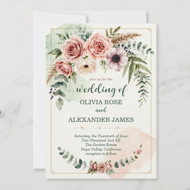 Sage Green Dusty Rose Botanical Elegant Boho Invitation (Front)