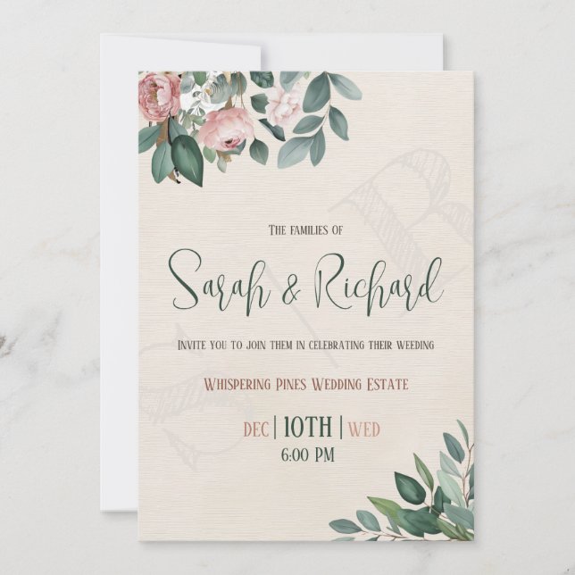 Sage Green Dusty Rose Botanical Floral Wedding Inv Invitation (Front)