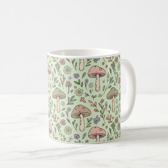 Sage Green Earthy Mushroom Seamless Pattern Coffee Mug (Front Right)