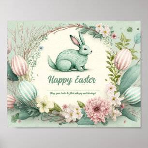 Sage Green Easter Bunny with Striped Pastel Eggs Poster