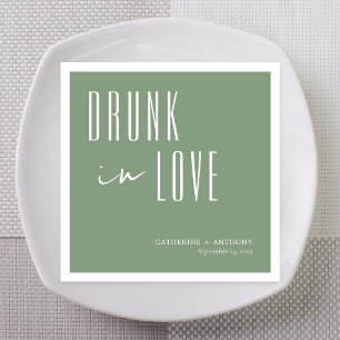 Sage Green Editorial Drunk in Love Custom Names Napkin