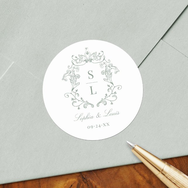 Sage Green Elegant Baroque Crest Monogram Wedding Classic Round Sticker (Creator Uploaded)