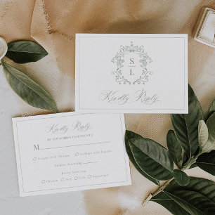 Sage Green Elegant Baroque Crest Monogram Wedding RSVP Card