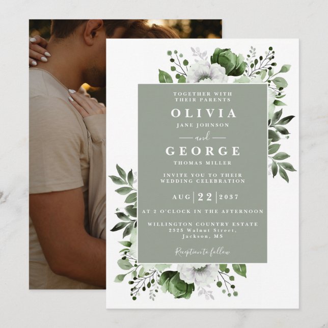 Sage Green Elegant Botanical Floral Photo Wedding Invitation (Front/Back)