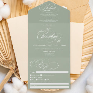 Sage green elegant calligraphy wedding all in one invitation