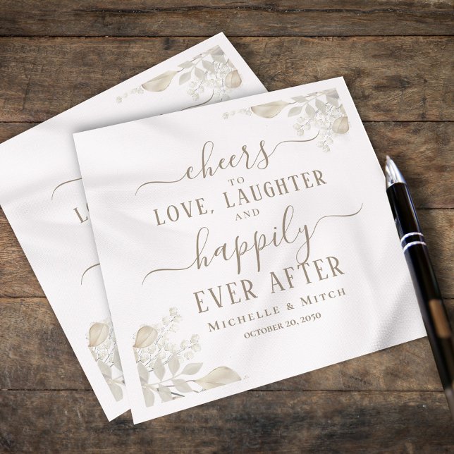 Sage Green Elegant Calligraphy Wedding Custom Napkin (Cheers to Love, Laughter, and Happily Ever After cocktail napkin,)