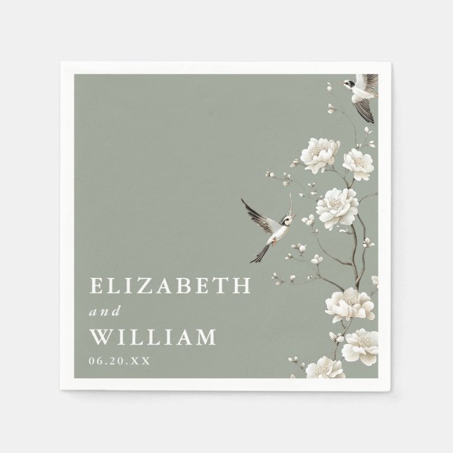 Sage Green Elegant Chinoiserie Floral Wedding Napkin (Front)