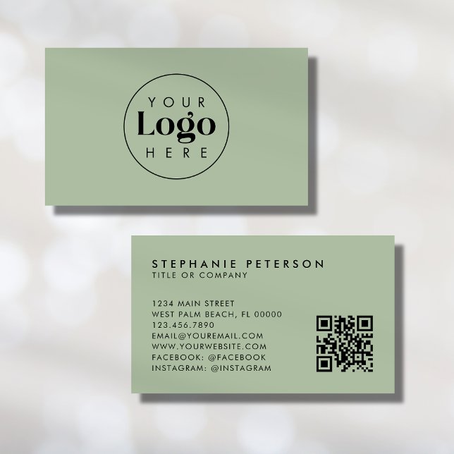 Sage Green Elegant Custom Company Logo QR Code Business Card (Creator Uploaded)