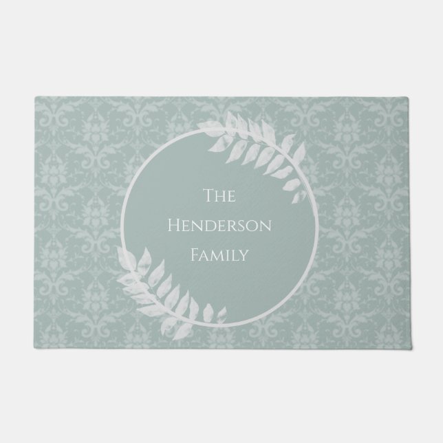 Sage Green Elegant Damask Personalised Doormat (Front)