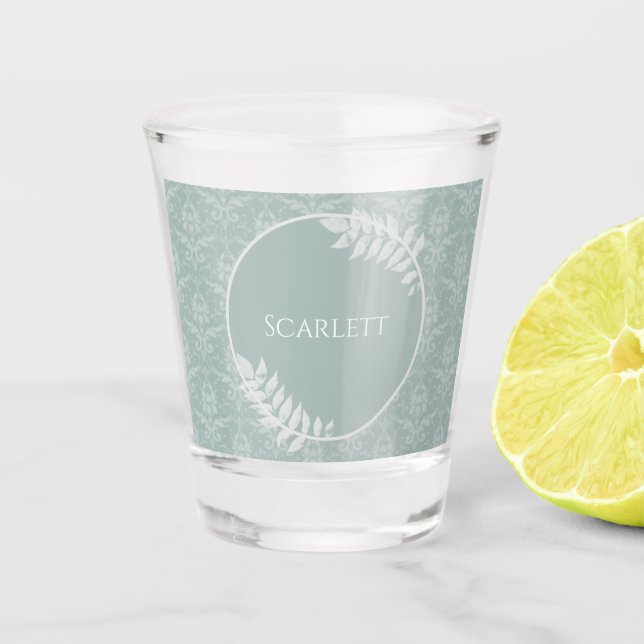 Sage Green Elegant Damask Personalised Shot Glass (Front)