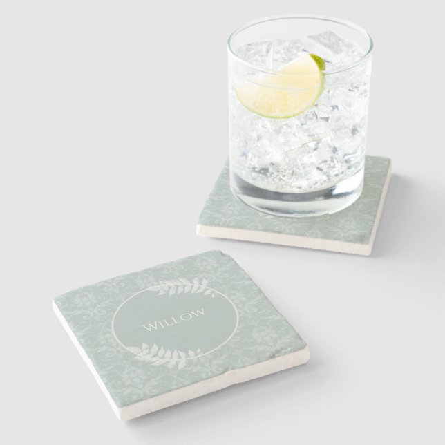 Sage Green Elegant Damask Personalised Stone Coaster (Side)