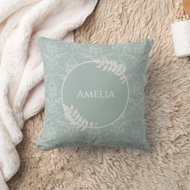 Sage Green Elegant Damask Throw Pillow (Blanket)