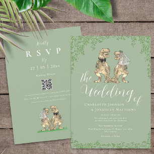 Sage Green Elegant Dinosaur Wedding QR Code Invitation