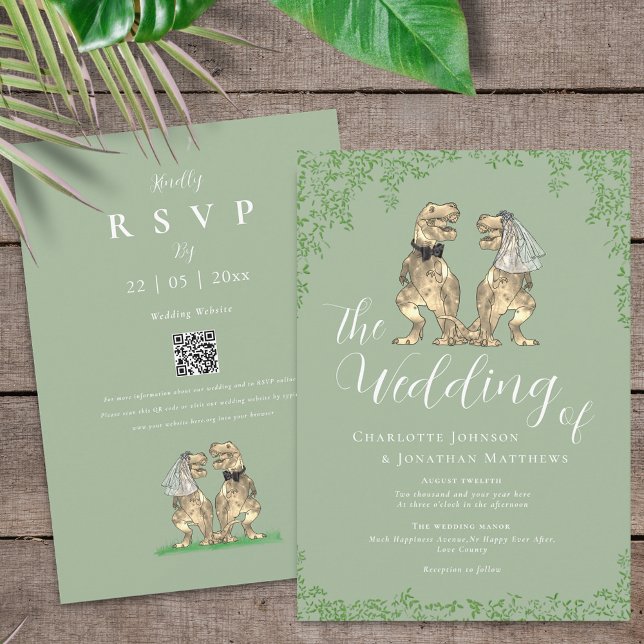 Sage Green Elegant Dinosaur Wedding QR Code Invitation (Sage green T-Rex bride and groom dinosaur wedding invitation with rsvp qr code)