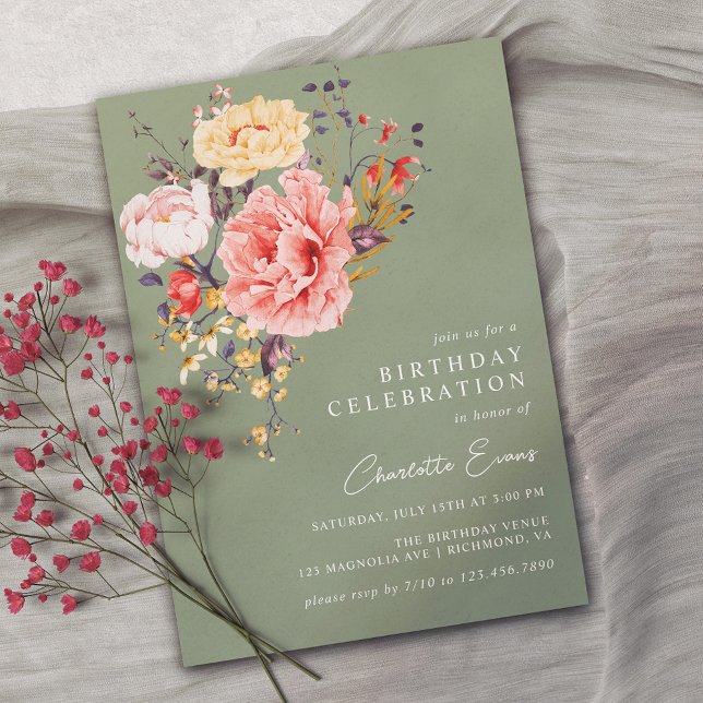Sage Green Elegant Floral Any Age Adult Birthday Invitation (Creator Uploaded)