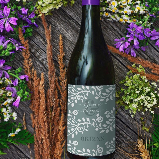 Sage Green Elegant Floral Art Personalised Wedding Wine Label (Creator Uploaded)