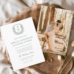 Sage Green Elegant Floral Crest Monogram Wedding Invitation