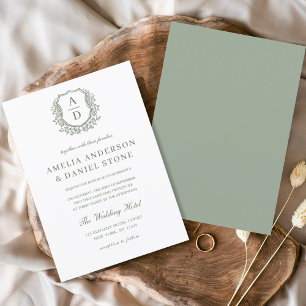 Sage Green Elegant Floral Crest Monogram Wedding Invitation
