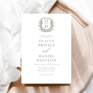 Sage Green Elegant Floral Crest Monogram Wedding Invitation
