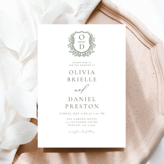 Sage Green Elegant Floral Crest Monogram Wedding  Invitation (Creator Uploaded)