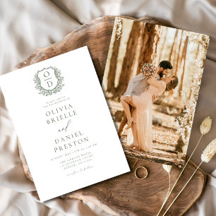 Sage Green Elegant Floral Crest Monogram Wedding Invitation