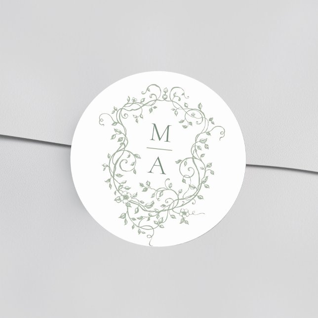 Sage Green Elegant Floral Crest Monograms Classic Round Sticker (Creator Uploaded)