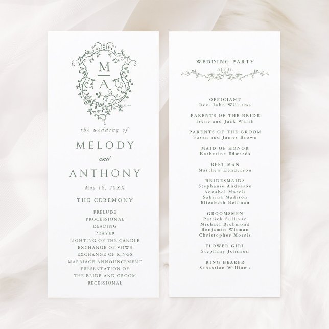 Sage Green Elegant Floral Crest Wedding Ceremony Programme (Front & Back)