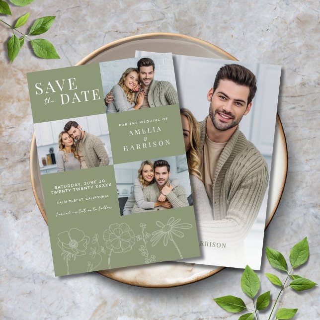 Sage Green Elegant Floral Four Photo Wedding Save The Date (Sage Green Elegant Floral Four Photo Wedding Save the Date with Line Art Flowers, Modern Typography.)