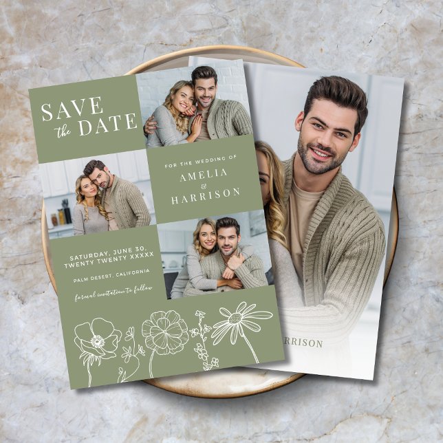 Sage Green Elegant Floral Four Photo Wedding Save The Date (Sage Green Elegant Floral Four Photo Wedding Save the Date with Line Art, 3 front photos, 1 on back.)