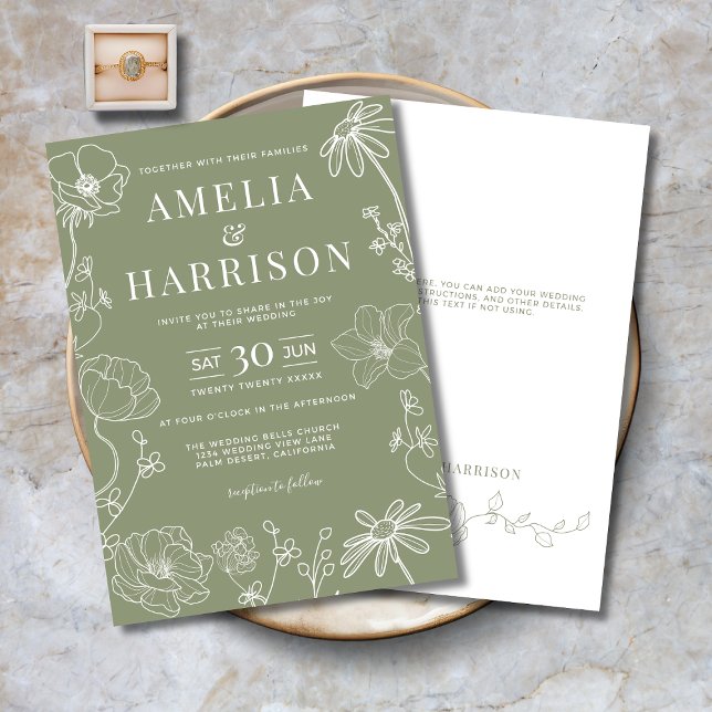 Sage Green Elegant Floral Line Art Wedding Invitation (Sage Green Elegant Floral Line Art Wedding Invitation with Optional Text on Back.)