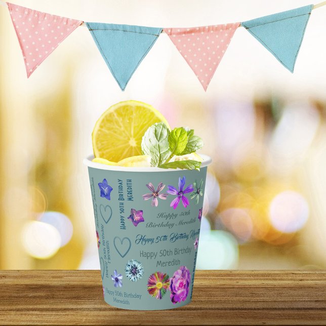 Sage Green Elegant Floral Name Happy 50th Birthday Paper Cups (Creator Uploaded)
