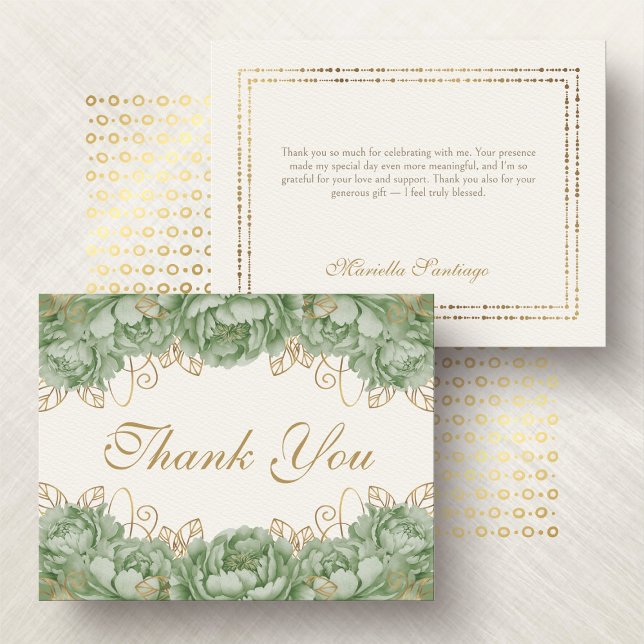 Sage Green Elegant Floral Quinceanera Thank You Card (Creator Uploaded)