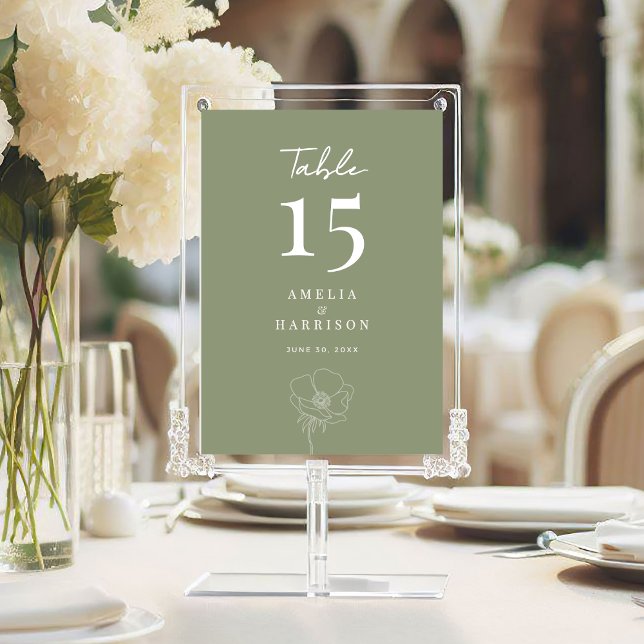 Sage Green Elegant Floral Wedding 5x7 Table Number (Sage Green Elegant Floral Large 5x7 Wedding Table Number Sign with Couple Names, Wedding Date.)